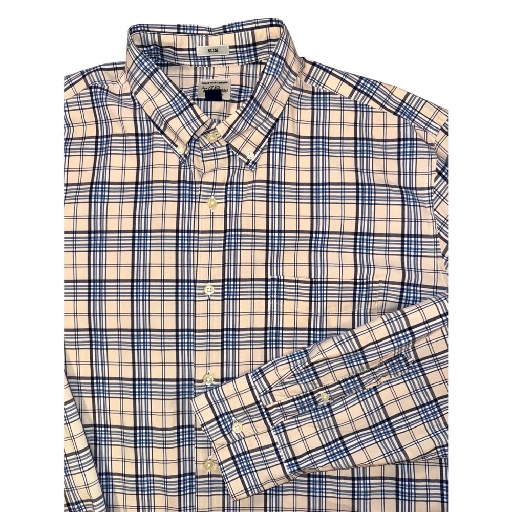 J.Crew Mens XL Slim Secret Wash Shirting Blue Tan Plaid Stretch Button Down